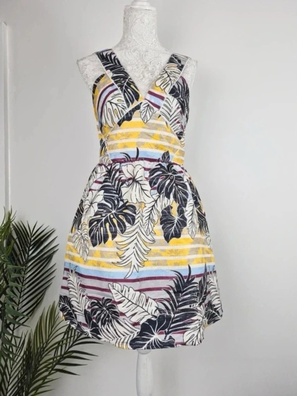 Striped Tropical V-Neck Maxi Dress in Yellow, Black & White